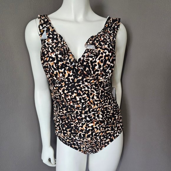 DKNY Ruffle Plunge One-Piece Swimsuit Cheetah Print Size 12 - Picture 2 of 14